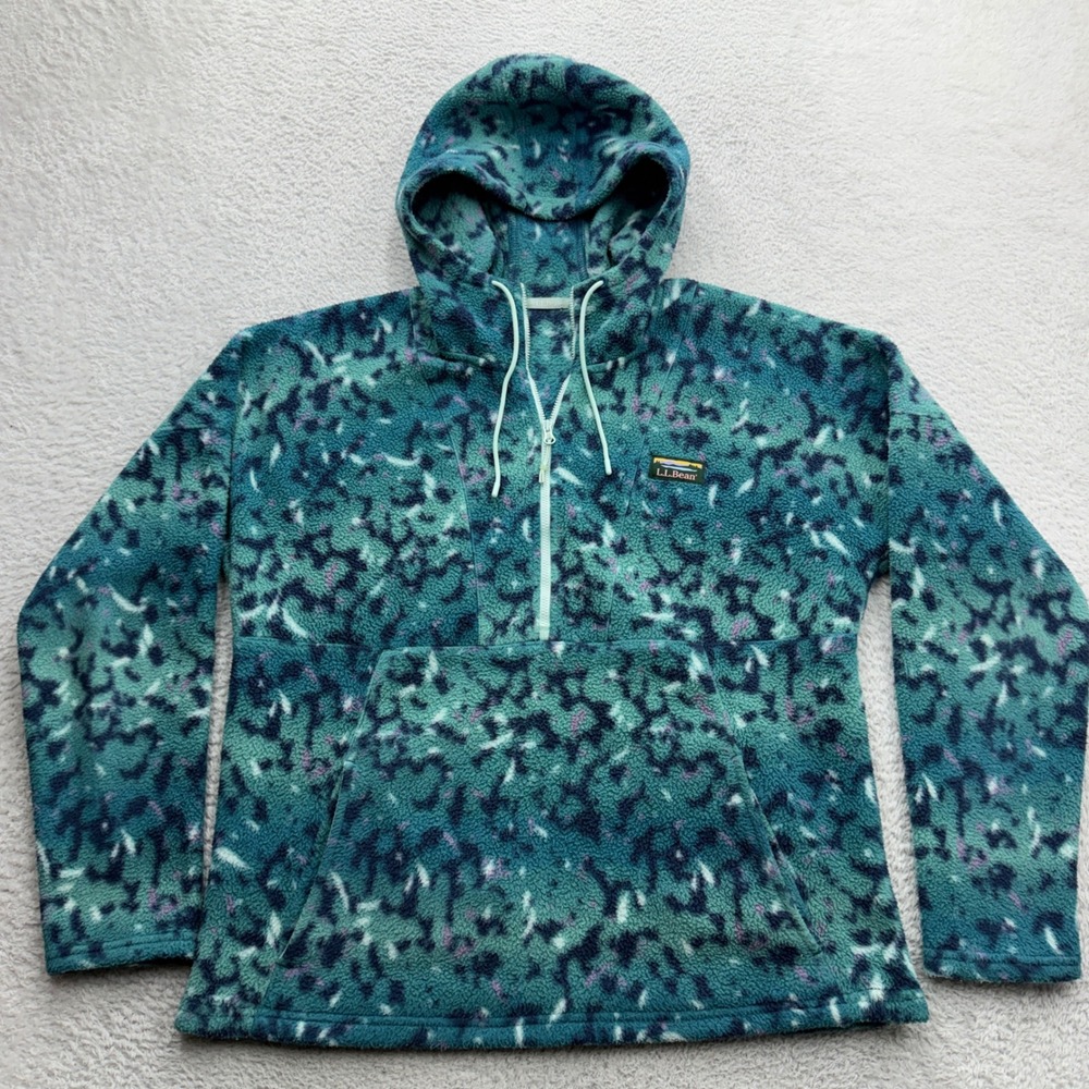 LL Bean Womens Teal Abstract Fleece Hoodie Quarter Zip Pullover M 512347